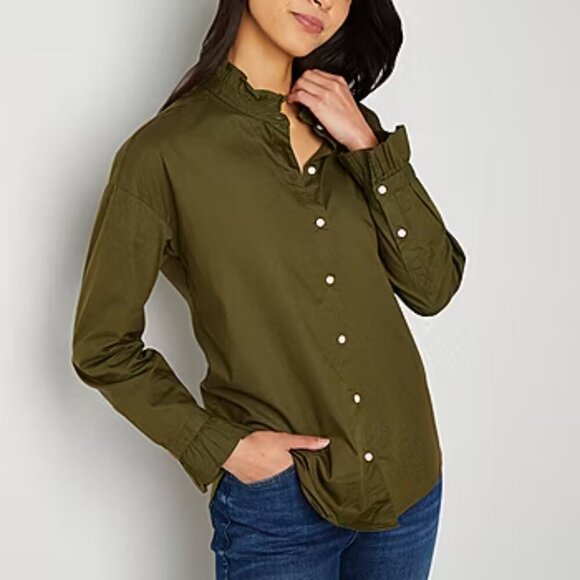 a.n.a Women's Long Sleeve Regular Fit Button Down Dark Green Size Small - Picture 1 of 10
